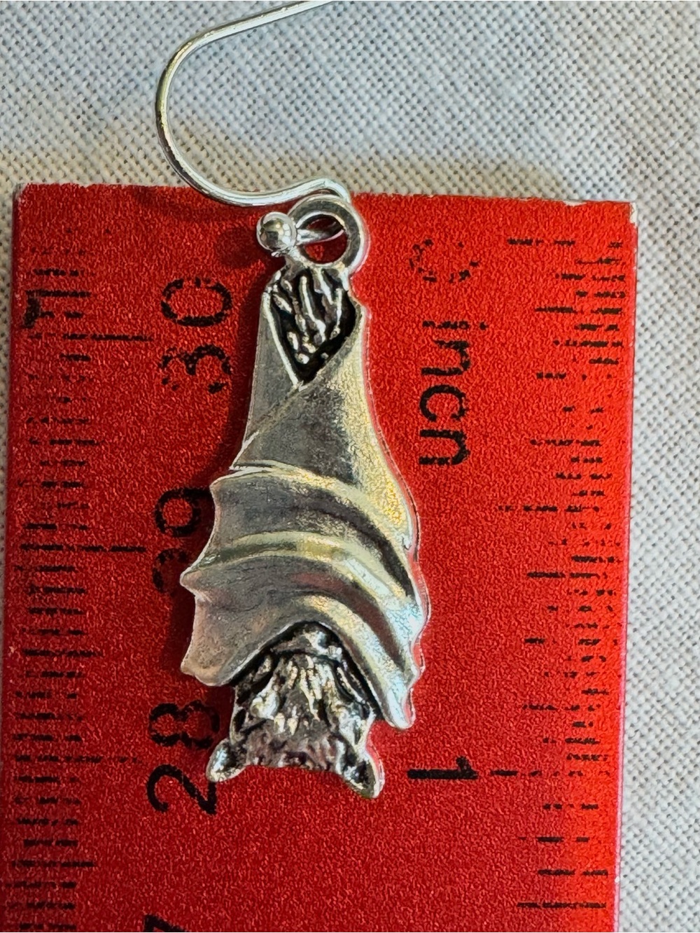 Silver Tone Hanging  Bat Wrapped in Wings Dangle Earrings  1” long - Picture 4 of 7
